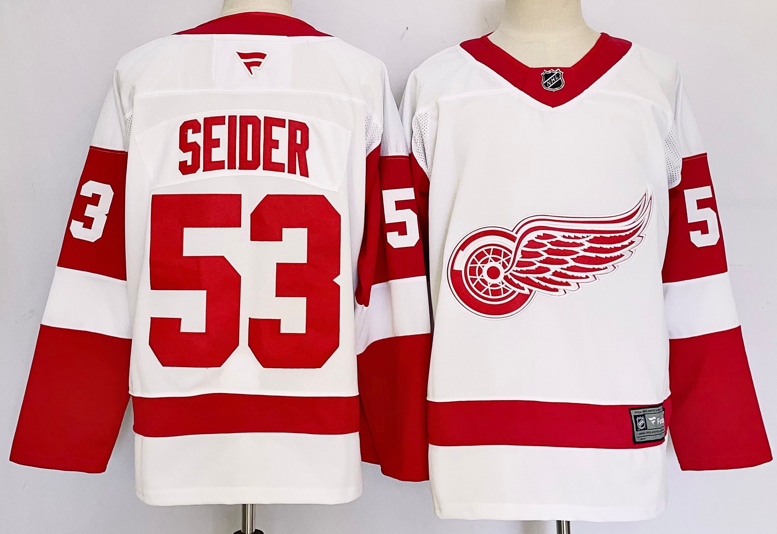 Men Detroit Red Wings #53 Seider White 2025 Home Premier Player NHL Jersey